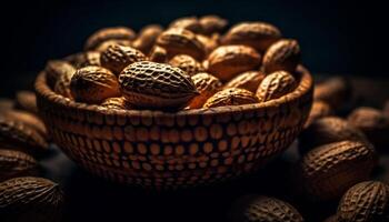 sano nueces en un cáscara de nuez, un bocadillo generado por ai foto