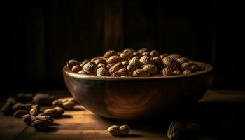 Nutty snack bowl organic walnuts, hazelnuts, pecans generated by AI photo
