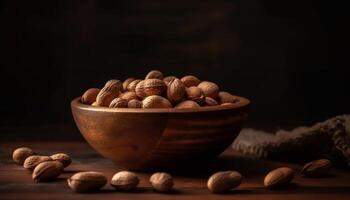 sano nueces en un rústico arpillera cuenco generado por ai foto