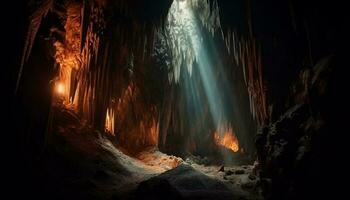Mysterious underground cave illuminated by spooky flames generated by AI photo