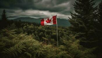 Canadian flag waves proudly in majestic forest generated by AI photo