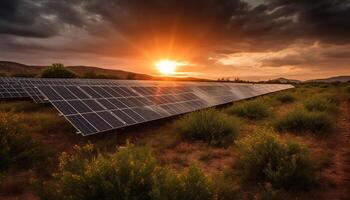 Sunset sky powers solar panel generator equipment generated by AI photo