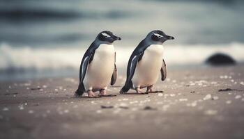 gentoo pingüinos anadeando en glacial línea costera generado por ai foto