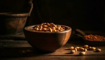 Nutty snack bowl almonds, cashews, hazelnuts, pecans generated by AI photo