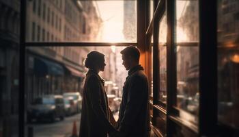 ciudad Pareja caminando, abrazando amor y unión generado por ai foto