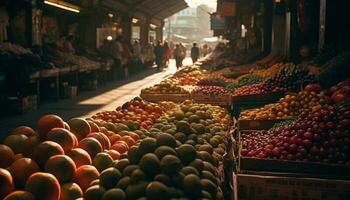 Large variety of fresh fruits and vegetables for sale generated by AI photo