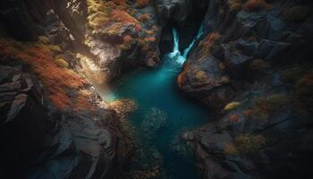 Tranquil scene of flowing water in ravine generated by AI photo