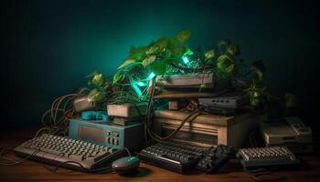 obsoleto computadora en antiguo escritorio, iluminado antecedentes generado por ai foto