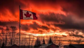 Canadian flag backlit by vibrant sunset sky generated by AI photo