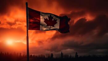 Canadian flag waves in majestic autumn sunset generated by AI photo