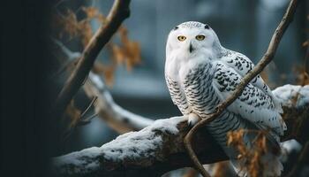 Snowy owl perching on branch, looking majestic generated by AI photo