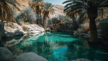 Tranquil scene of palm trees by flowing water generated by AI photo