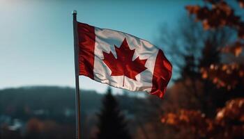 Canadian flag waves proudly in autumn forest generated by AI photo