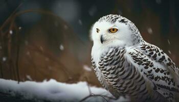 Snowy owl perched on branch, staring fiercely generated by AI photo