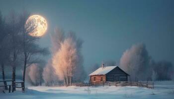 escalofriante invierno noche, luz de la luna en congelado bosque generado por ai foto