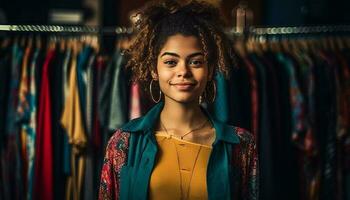 confidente joven mujer sonriente en ropa Tienda generado por ai foto