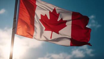 canadiense bandera ondulación en el brillante viento generado por ai foto