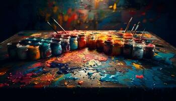 Vibrant colors on messy table, fun painting party generated by AI photo