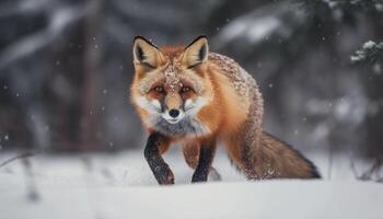 Red fox looking cute in snowy forest generated by AI photo