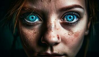 Blue eyed girl staring, sadness reflected in eyes generated by AI photo