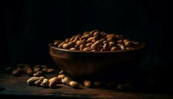 Nutty snacks in wooden bowl on burlap generated by AI photo