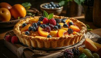 Sweet berry tart on rustic wooden plate generated by AI photo