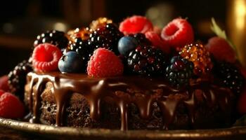 Freshly baked chocolate cake with raspberry decoration generated by AI photo