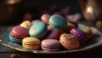 Multi colored macaroons stacked on rustic wooden plate generated by AI photo