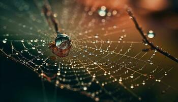 Spider web glistens with dew drops outdoors generated by AI photo