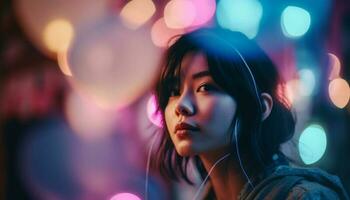 Young women enjoying nightlife, illuminated by street lights generated by AI photo