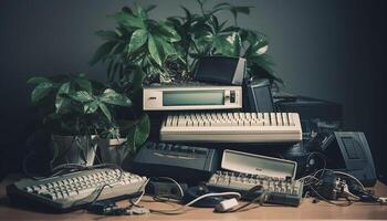 Modern office desk with old fashioned typewriter generated by AI photo