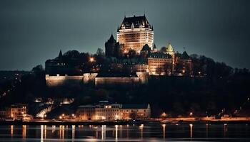 Illuminated spires reflect on ancient water bridge generated by AI photo