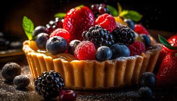 Sweet berry tart on rustic wooden table generated by AI photo