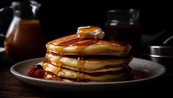 Stack of homemade pancakes with fresh berries generated by AI photo