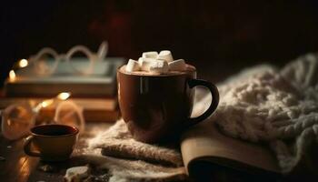 Hot chocolate warms up winter night indoors generated by AI photo