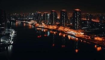 Illuminated skyscrapers reflect on waterfront at dusk generated by AI photo