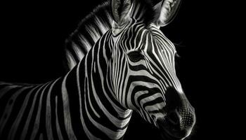 Monochrome striped zebra stands on black background generated by AI photo