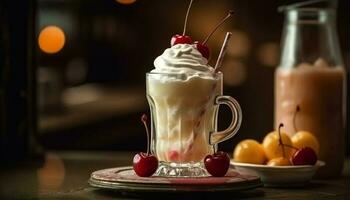 Indulgent milkshake with whipped cream and berries generated by AI photo