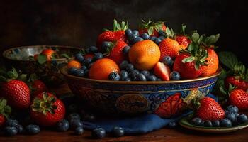 Ripe berry fruit bowl, a healthy gourmet snack generated by AI photo