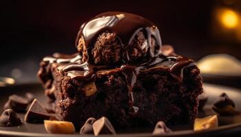 Indulgent homemade chocolate brownie with fudge sauce generated by AI photo