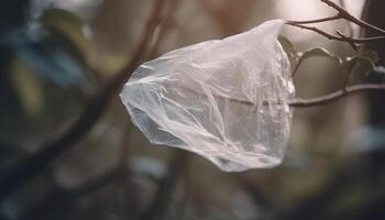 Plastic bag pollutes nature, recycle for freshness generated by AI photo