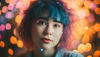 Cute young woman smiling, illuminated by Christmas lights generated by AI photo