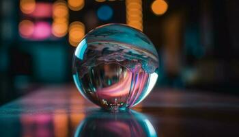 Illuminated glass sphere reflects bright nightclub background generated by AI photo