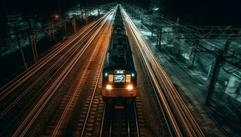 Speeding train illuminates futuristic city skyline at dusk generated by AI photo