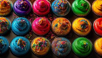 A colorful collection of gourmet cupcakes in rows generated by AI photo