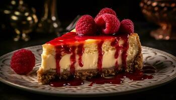 gastrónomo tarta de queso rebanada con frambuesa y chocolate generado por ai foto