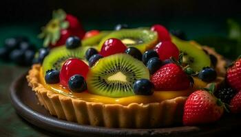 Sweet berry dessert on wooden plate indulgence generated by AI photo