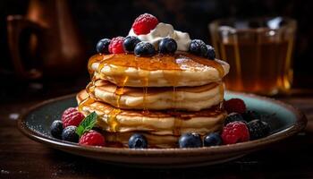 Stack of homemade blueberry pancakes with raspberry syrup generated by AI photo