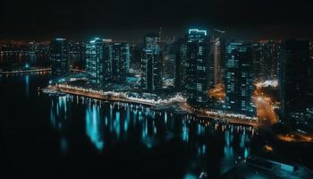 Illuminated city skyline reflects on waterfront at dusk generated by AI photo