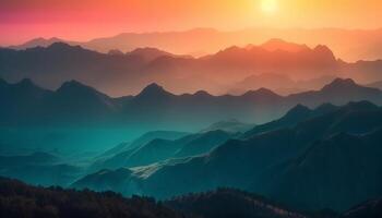 Majestic mountain range, tranquil meadow, sunset beauty generated by AI photo